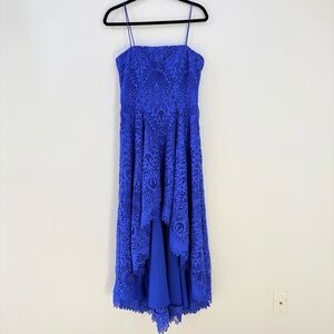 Nicole Miller Blue High Low Embroidered Lace Spaghetti Strap Dress Gown Sz 8